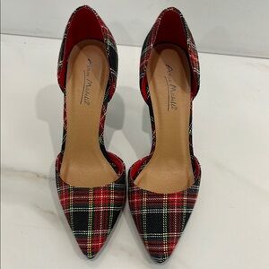 Anne Michelle Red and Black Heels with Plaid Design and Pointed Toe